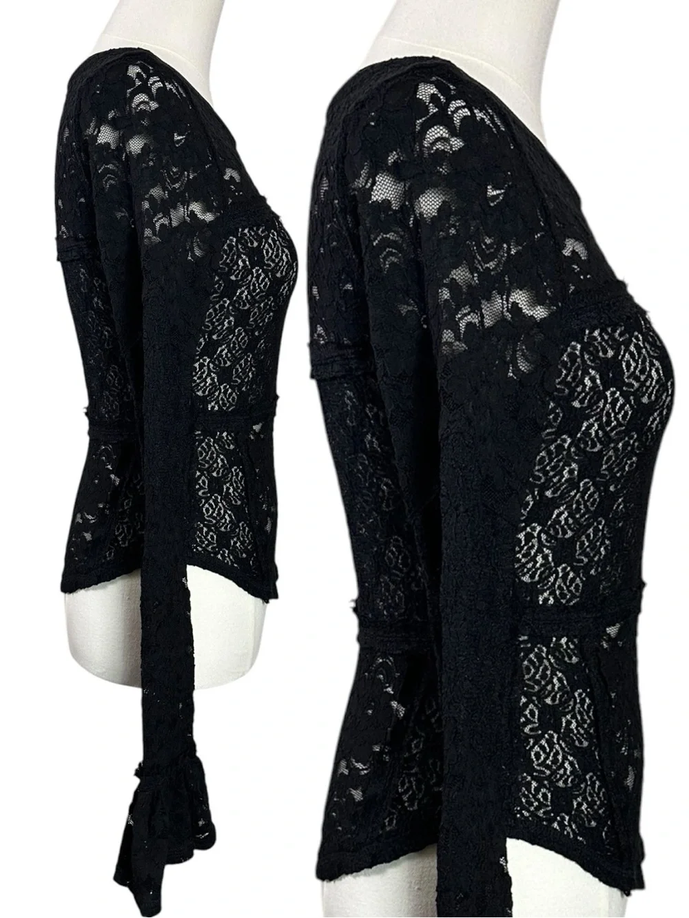 Free People Witchy Victorian Sheer Lace Flared Long Sleeve Top Black Small NWT